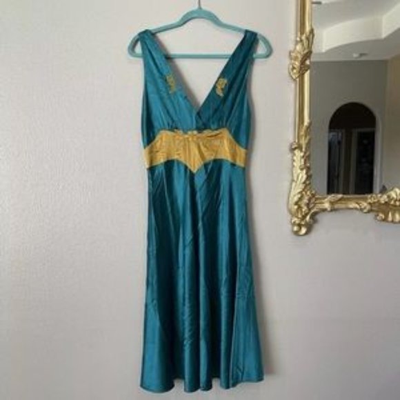 Miguelina Blue Teal Gold Silk A-Line Dress L - Picture 1 of 5